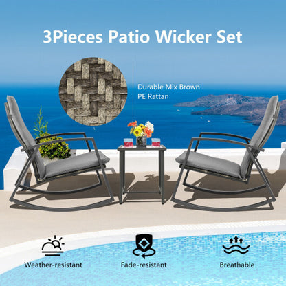 3 Pieces Patio Rattan Rocking Furniture Set-Gray - Color: Gray