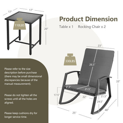 3 Pieces Patio Rattan Rocking Furniture Set-Gray - Color: Gray