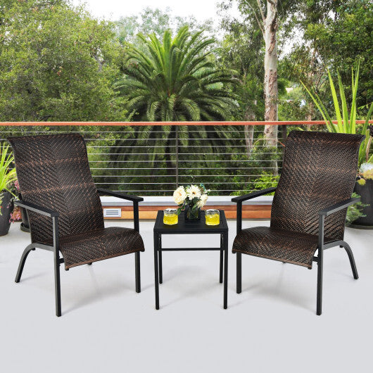 3 Pieces Patio Rattan Bistro Set with High Backrest and Armrest-Brown - Color: Brown