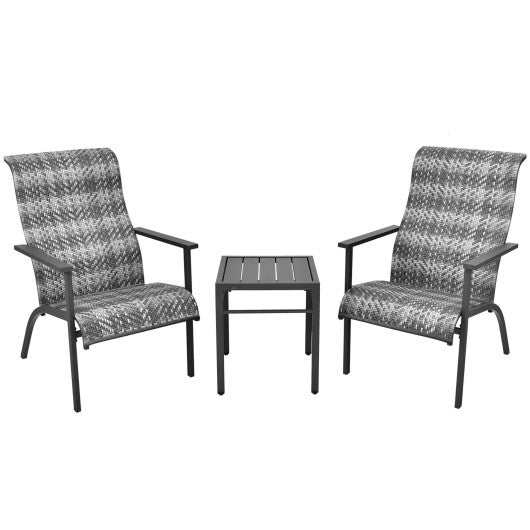 3 Pieces Patio Rattan Bistro Set with High Backrest and Armrest-Gray - Color: Gray