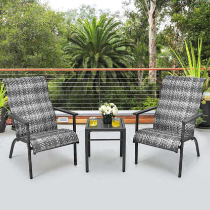 3 Pieces Patio Rattan Bistro Set with High Backrest and Armrest-Gray - Color: Gray