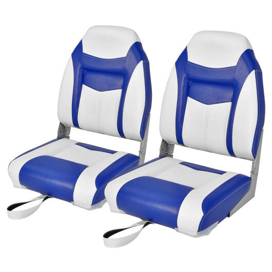 2 Pieces High Back Folding Boat Seat Set with Sponge Cushion-Blue - Color: Blue