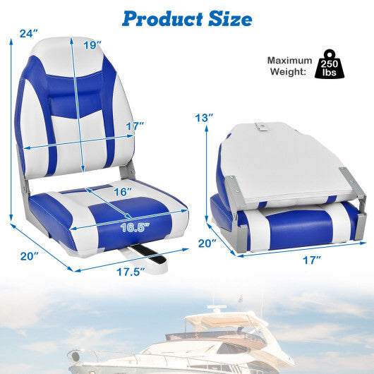 2 Pieces High Back Folding Boat Seat Set with Sponge Cushion-Blue - Color: Blue