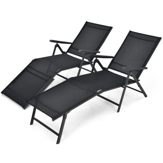 2 Pieces Foldable Chaise Lounge Chair with 2-Position Footrest-Black - Color: Black