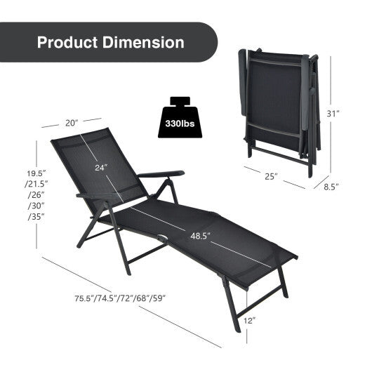 2 Pieces Foldable Chaise Lounge Chair with 2-Position Footrest-Black - Color: Black