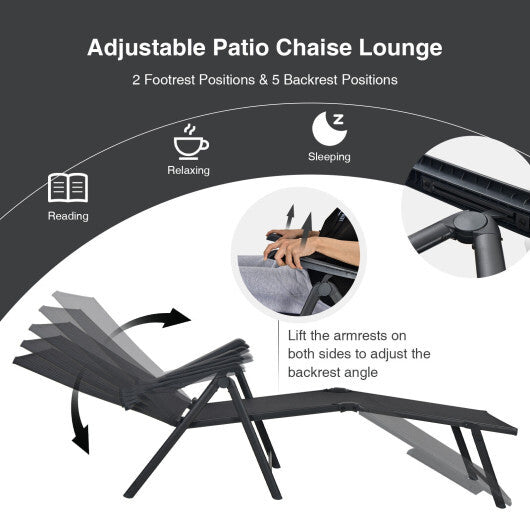 2 Pieces Foldable Chaise Lounge Chair with 2-Position Footrest-Black - Color: Black