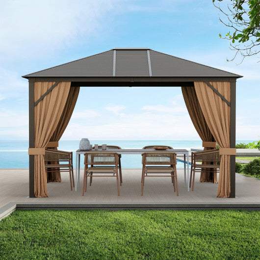 12 x10 Feet Outdoor Hardtop Gazebo with Galvanized Steel Top and Netting-Brown - Color: Brown