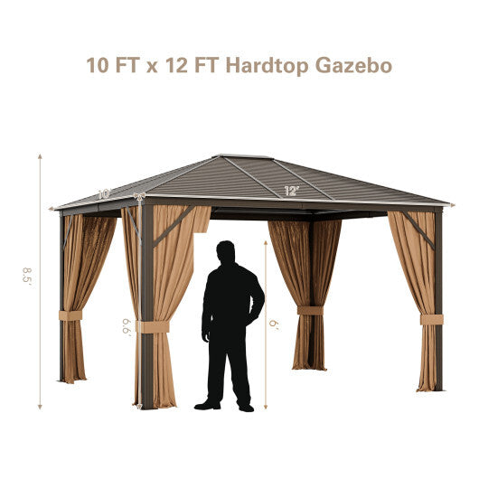 12 x10 Feet Outdoor Hardtop Gazebo with Galvanized Steel Top and Netting-Brown - Color: Brown