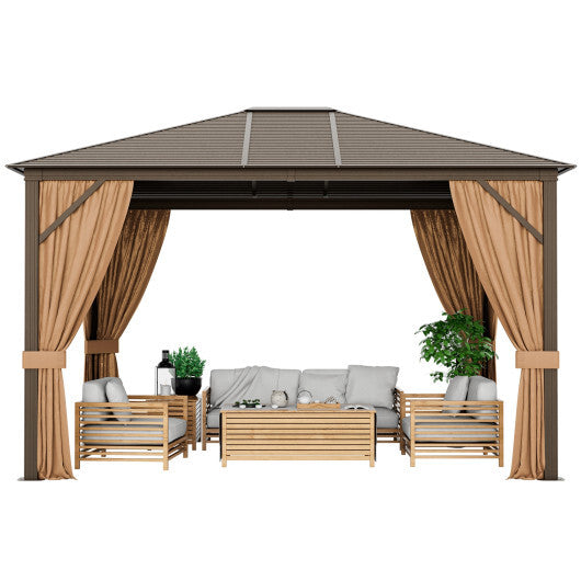 12 x10 Feet Outdoor Hardtop Gazebo with Galvanized Steel Top and Netting-Brown - Color: Brown