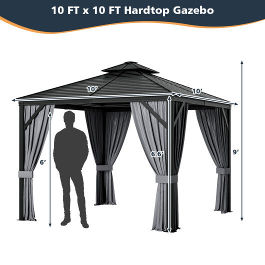 10 x 10 Feet Double-Top Hardtop Gazebo with Galvanized Steel Roof-Gray - Color: Gray