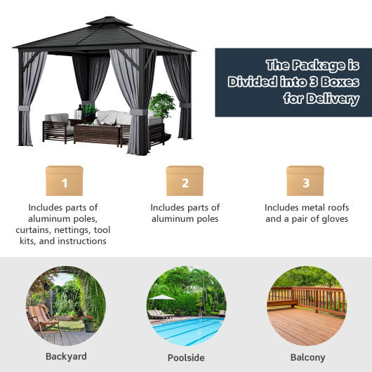 10 x 10 Feet Double-Top Hardtop Gazebo with Galvanized Steel Roof-Gray - Color: Gray