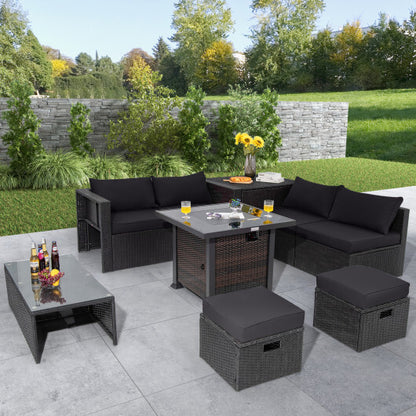 9 Pieces Patio Furniture Set with 32" Fire Pit Table and 50000 BTU Square Propane Fire Pit-Black - Color: Black