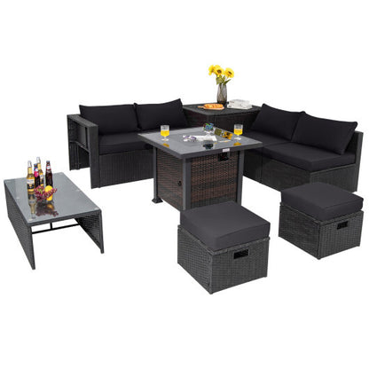 9 Pieces Patio Furniture Set with 32" Fire Pit Table and 50000 BTU Square Propane Fire Pit-Black - Color: Black