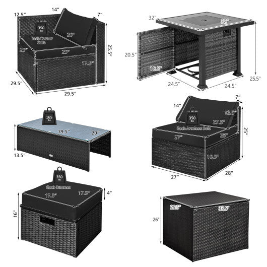 9 Pieces Patio Furniture Set with 32" Fire Pit Table and 50000 BTU Square Propane Fire Pit-Black - Color: Black