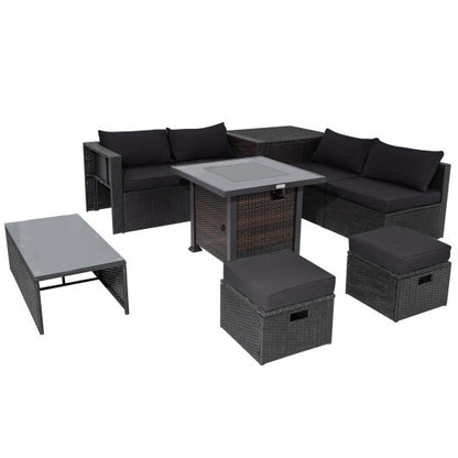 9 Pieces Patio Furniture Set with 32" Fire Pit Table and 50000 BTU Square Propane Fire Pit-Black - Color: Black