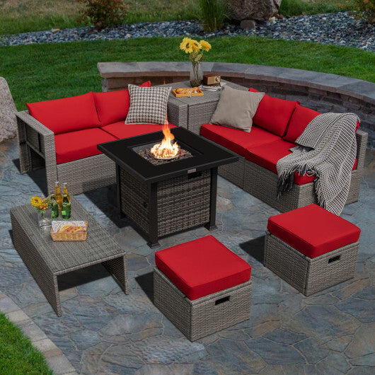 9 Pieces Outdoor Patio Furniture Set with 32-Inch Propane Fire Pit Table-Red - Color: Red