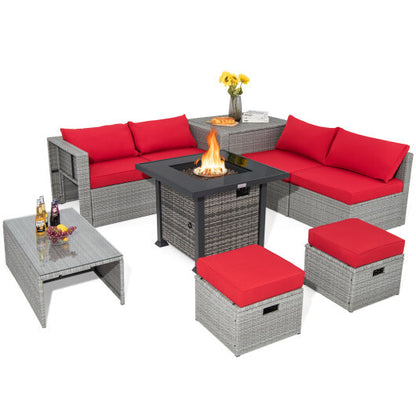 9 Pieces Outdoor Patio Furniture Set with 32-Inch Propane Fire Pit Table-Red - Color: Red