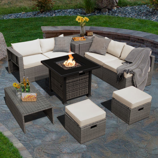 9 Pieces Outdoor Patio Furniture Set with 32-Inch Propane Fire Pit Table-Off White - Color: Off White