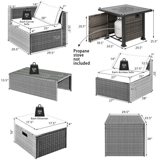 9 Pieces Outdoor Patio Furniture Set with 32-Inch Propane Fire Pit Table-Off White - Color: Off White