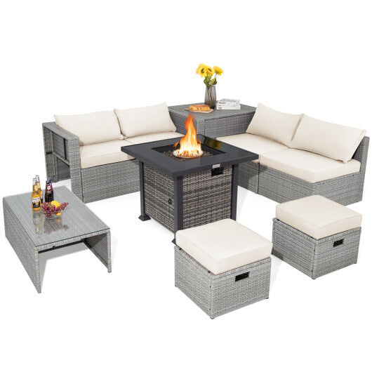 9 Pieces Outdoor Patio Furniture Set with 32-Inch Propane Fire Pit Table-Off White - Color: Off White