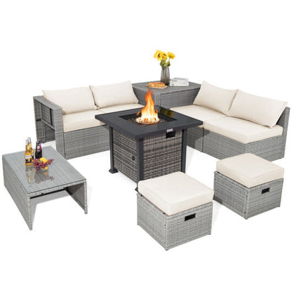 9 Pieces Outdoor Patio Furniture Set with 32-Inch Propane Fire Pit Table-Off White - Color: Off White