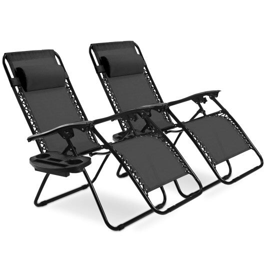 2 Pieces Folding Recliner Zero Gravity Lounge Chair - Black - Color: Black