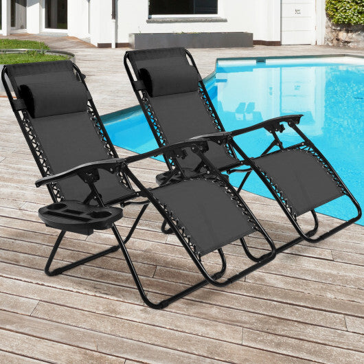 2 Pieces Folding Recliner Zero Gravity Lounge Chair - Black - Color: Black