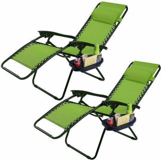 2 Pieces Folding Lounge Chair with Zero Gravity-Green - Color: Green