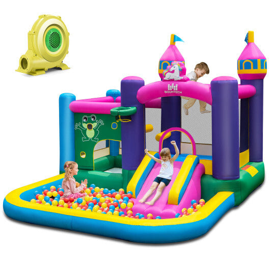 6-in-1 Kids Inflatable Unicorn-themed Bounce House with 735W Blower - Color: Multicolor