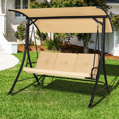 3-Seat Outdoor Porch Swing with Adjustable Canopy and Padded Cushions-Beige - Color: Beige