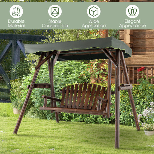 2-Person Outdoor Wooden Porch Swing with an Adjustable Canopy - Color: Natural