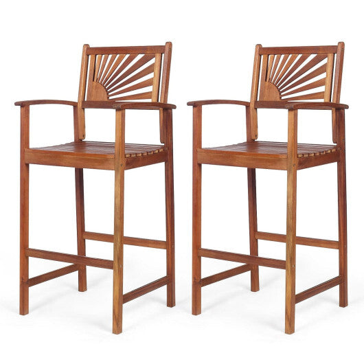 2 Pieces Outdoor Acacia Wood Bar Chairs with Sunflower Backrest and Armrests - Color: Brown