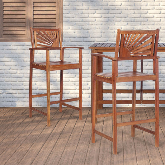 2 Pieces Outdoor Acacia Wood Bar Chairs with Sunflower Backrest and Armrests - Color: Brown