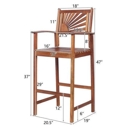 2 Pieces Outdoor Acacia Wood Bar Chairs with Sunflower Backrest and Armrests - Color: Brown