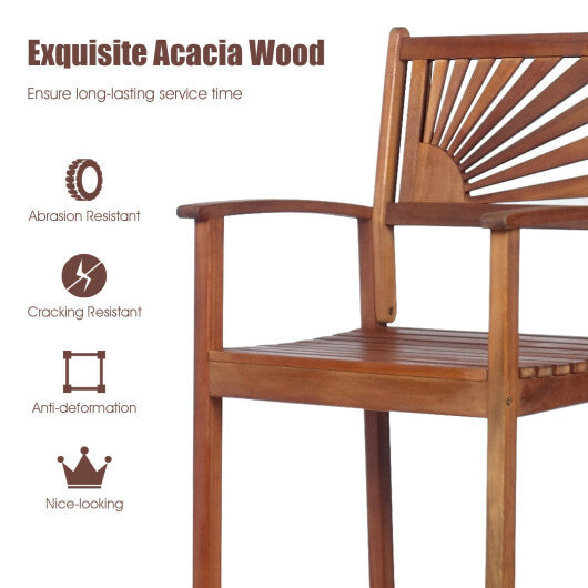 2 Pieces Outdoor Acacia Wood Bar Chairs with Sunflower Backrest and Armrests - Color: Brown