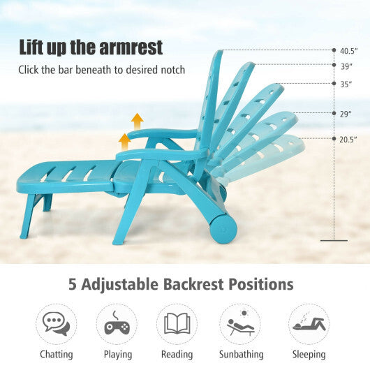 5 Position Adjustable Folding Lounger Chaise Chair-Turquoise - Color: Turquoise