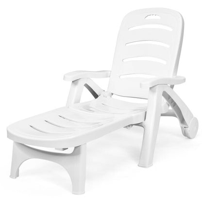 5 Position Adjustable Folding Lounger Chaise Chair on Wheels - Color: White