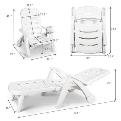 5 Position Adjustable Folding Lounger Chaise Chair on Wheels - Color: White