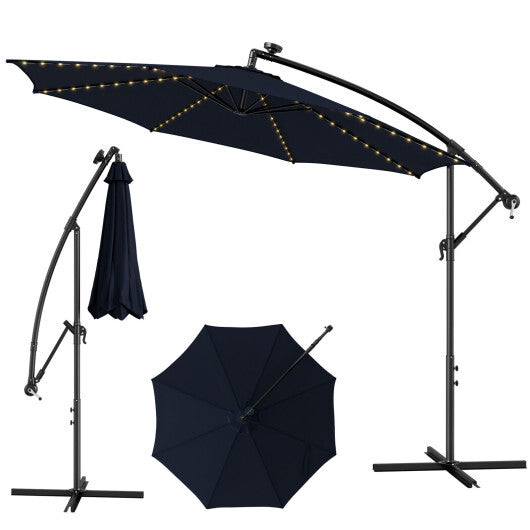 10 Feet Patio Offset Umbrella with 112 Solar-Powered LED Lights-Beige-Navy - Color: Navy - Size: 10 ft