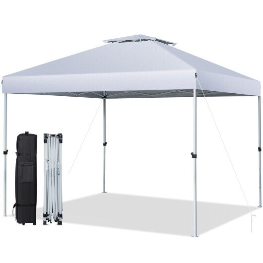 2-Tier 10 x 10 Feet Pop-up Canopy Tent with Wheeled Carry Bag-White - Color: White