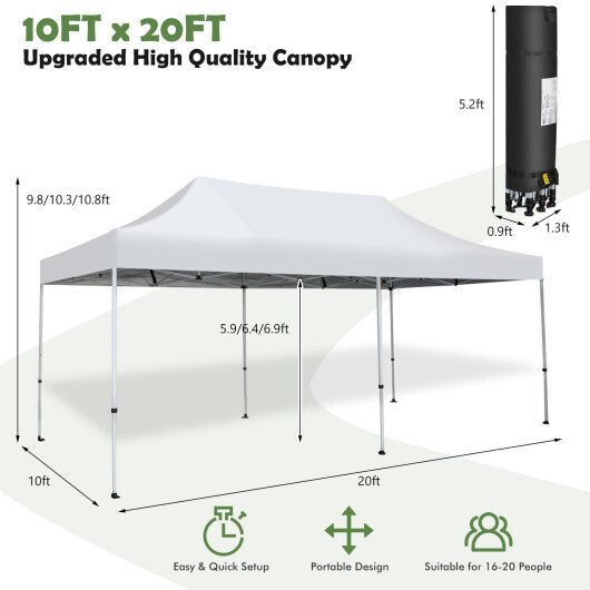 10 x 20 Feet Outdoor Pop-Up Patio Folding Canopy Tent-White - Color: White