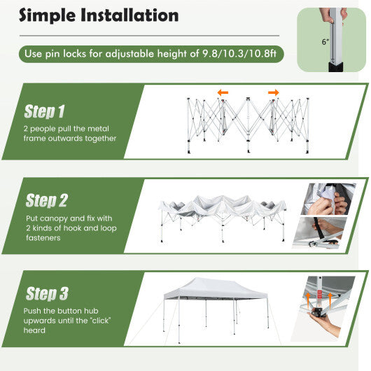 10 x 20 Feet Outdoor Pop-Up Patio Folding Canopy Tent-White - Color: White