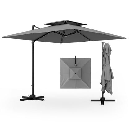 9.5 Feet Cantilever Patio Umbrella with 360? Rotation and Double Top-Gray - Color: Gray