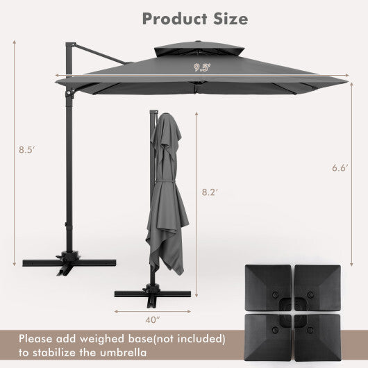 9.5 Feet Cantilever Patio Umbrella with 360? Rotation and Double Top-Gray - Color: Gray