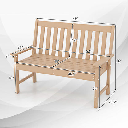 52 Inch All-Weather HDPE Outdoor Bench with Backrest and Armrests-Teak - Color: Teak