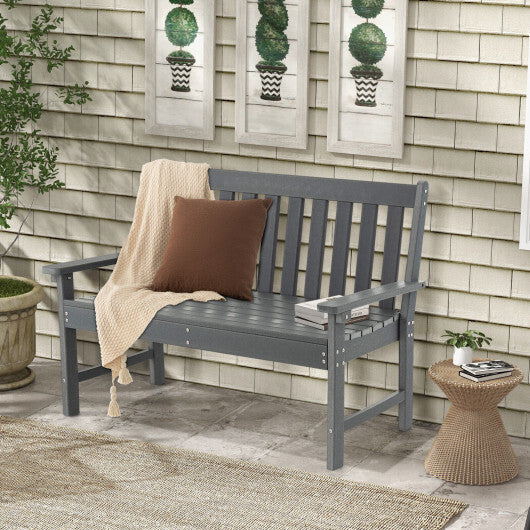 52 Inch All-Weather HDPE Outdoor Bench with Backrest and Armrests-Gray - Color: Gray