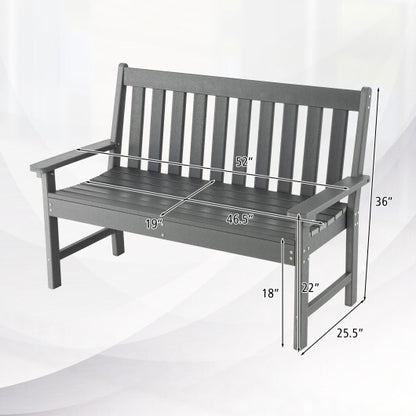 52 Inch All-Weather HDPE Outdoor Bench with Backrest and Armrests-Gray - Color: Gray