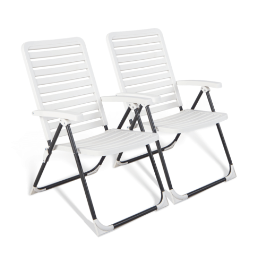 2 Pieces PP Folding Patio Chaise Lounger with 7-Level Backrest - Color: White