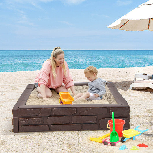 2-In-1 HDPE Kids Sandbox with Cover and Bottom Liner-Brown - Color: Brown