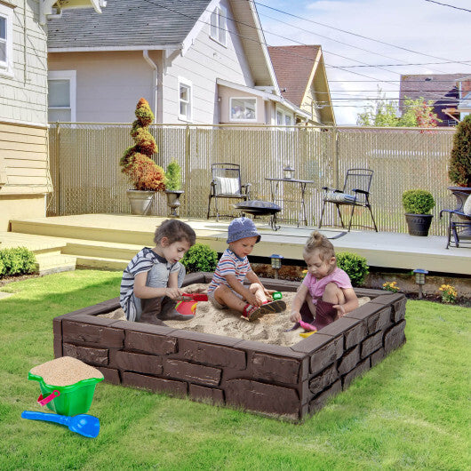 2-In-1 HDPE Kids Sandbox with Cover and Bottom Liner-Brown - Color: Brown